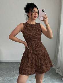 Vestido mini bohemio elegante francés con estampado floral sin mangas y cinturón para mujer, atuendo de graduación para primavera/verano - Marrón Mocha - Ver 4