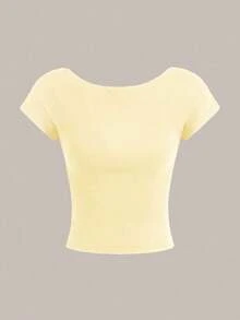 Camiseta casual de mujer de cuello de pico, manga corta y ajustada, versátil - Amarillo - Ver 6