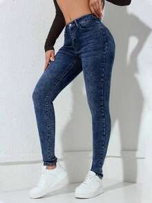 Jeans vaqueros de mujer ceñidos con bolsillos, informales y versátiles - Azul lavado oscuro - Ver 7