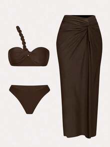 Swim Oasis Set de 3 piezas de nuevo conjunto de verano de unicolor: top sin espalda con nudo en el hombro, Bottom de bikini y vestido de playa con abertura y nudo - Marrón - Ver 1