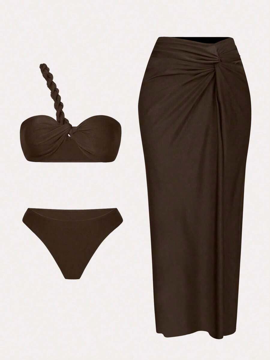 Swim Oasis Set de 3 piezas de nuevo conjunto de verano de unicolor: top sin espalda con nudo en el hombro, Bottom de bikini y vestido de playa con abertura y nudo - Marrón - Ver 1