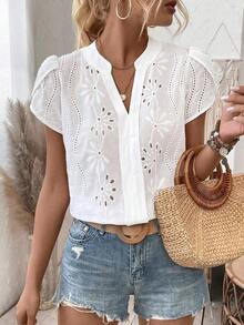 Camisa de mujer con escote en V con muesca, mangas abullonadas, blusa de manga corta - Blanco - Ver 4