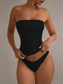 Camiseta sin tirantes sexy básica, top tubo ajustado de unicolor y elástico a la moda, adecuado para mujeres en todas las estaciones, casual negro de verano - Negro - Ver 11