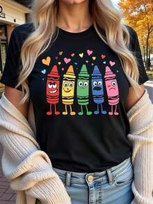 1 pieza de camiseta de mujer con estampado de caritas sonrientes y corazones en colores claros - Top de manga corta con cuello redondo suave, ligero y transpirable, adecuado para atuendo de maestra, ropa para fiestas de cumpleaños, uso casual diario, lavable a máquina (no transparente) 180g Algodón 100% - Negro - Ver 1