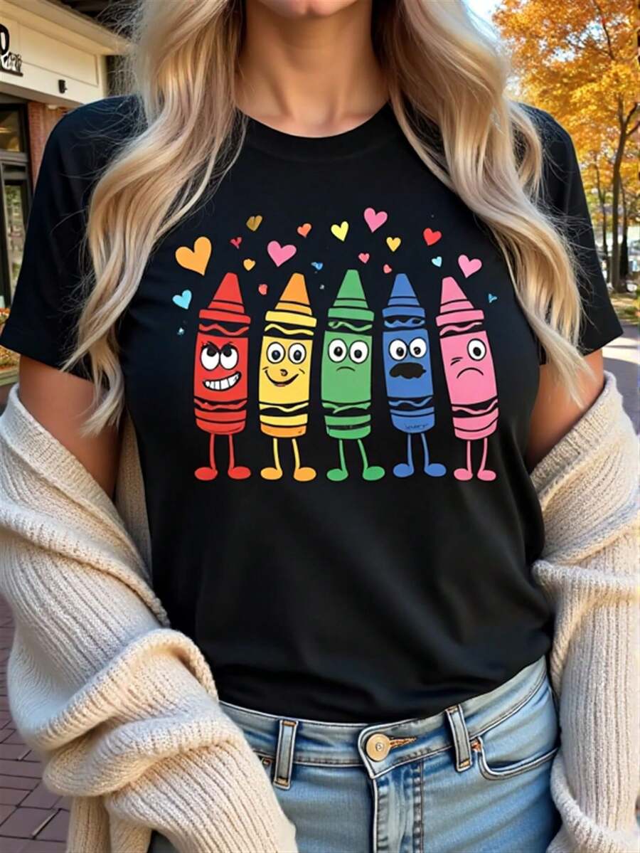 1 pieza de camiseta de mujer con estampado de caritas sonrientes y corazones en colores claros - Top de manga corta con cuello redondo suave, ligero y transpirable, adecuado para atuendo de maestra, ropa para fiestas de cumpleaños, uso casual diario, lavable a máquina (no transparente) 180g Algodón 100% - Negro - Ver 1