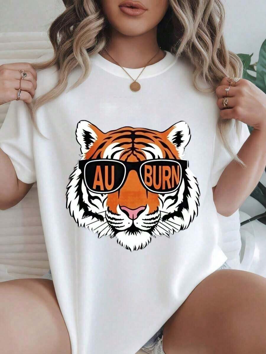 Camiseta Casual de Mujer con Estampado de Cara de Tigre con Gafas de Sol y Texto Auburn, Adecuada para Todas las Temporadas  
 -Blanco - Blanco - Ver 1