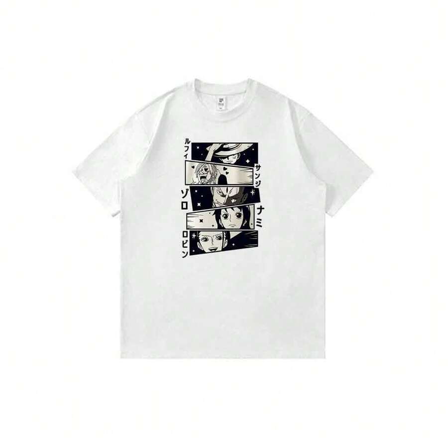 Camiseta unisex de manga corta informal de corte holgado con estampado de dibujos animados de anime vintage de One Piece con sombrero de paja y tripulación. - Blanco - Ver 1