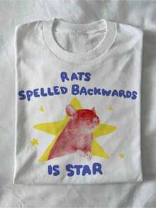 Unisex T-Shirt With The Fun Design 'Rats Spelled Backwards Is Star', Animal Print T-Shirt, Mouse-Themed Gift, Quirky T-Shirt, Alternative T-Shirt, Eye-Catching T-Shirt, New Spring/Summer 2026 Collection, Suitable For Casual And Outdoor Wear. Unisex Cotton Loose-Fitting Short-Sleeved Crew Neck T-Shirt, Urban Vintage Style 2026. Blouses For Women. Casual Blouses For Ladies. - 白色 - 查看 1