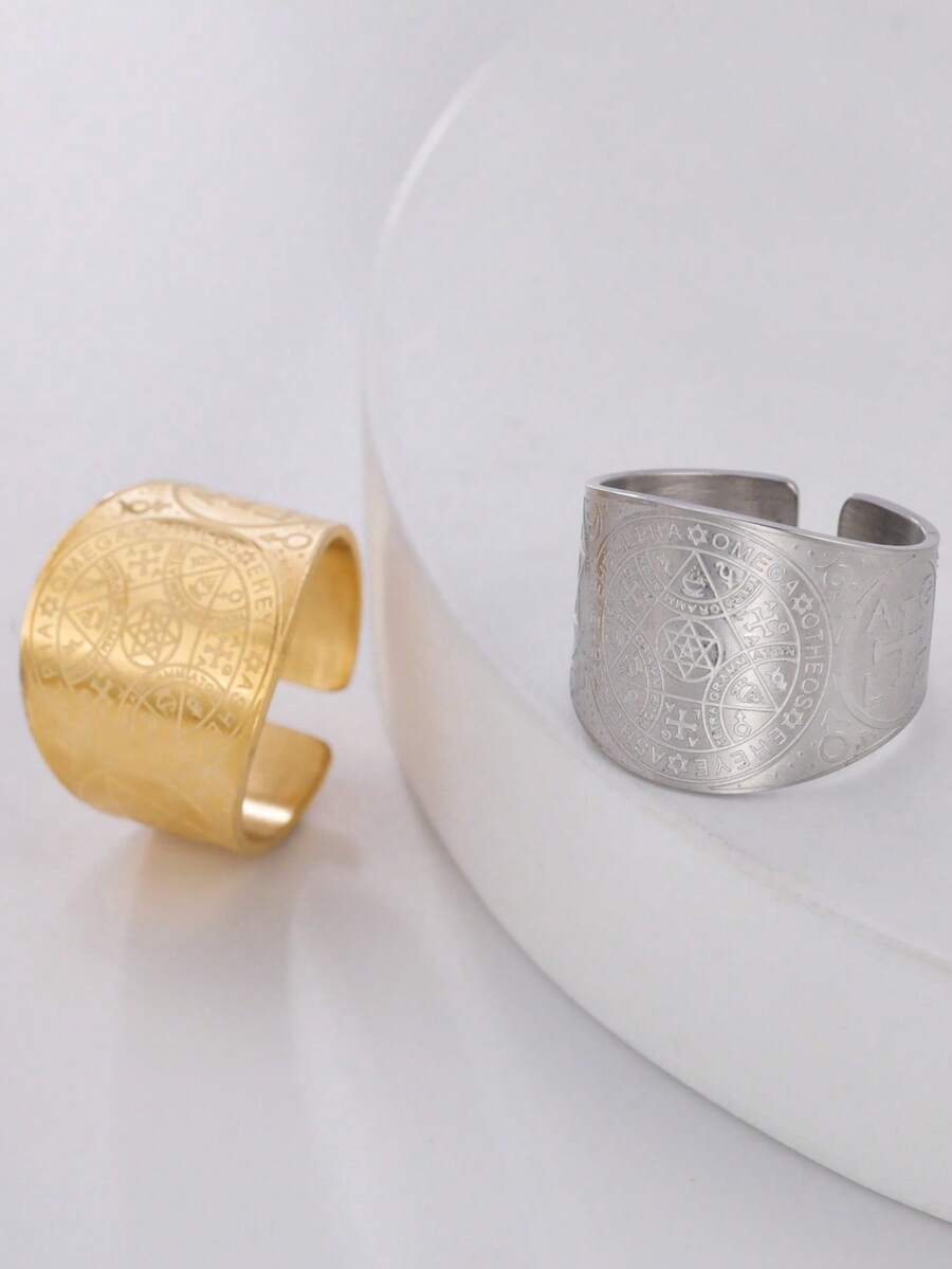 1 pieza Anillo abierto de acero inoxidable con patrón gráfico, estilo punk vintage, anillo de acero inoxidable para hombre