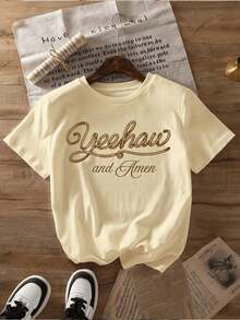 Short-Sleeved T-Shirt With Round Neck And "Yeehaw And Amen" Graphic Print, Women's Summer Top, Casual Cotton T-Shirt For Summer Vacation. - 杏色 - 查看 7