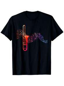 Men's Short-Sleeve T-Shirt With Trombone And Sheet Music Design - Casual Short-Sleeve 100% Cotton T-Shirt With Vibrant Geometric Design, Comfortable For All Seasons, Machine Washable, Sizes S-XXXL, Clothing For Music Lovers. | Geometric Pattern T-Shirt | 100% Pure Cotton T-Shirt, 100% Cotton Music T-Shirt, Women's T-Shirt, Casual 100% Cotton. - 黑色 - 查看 1