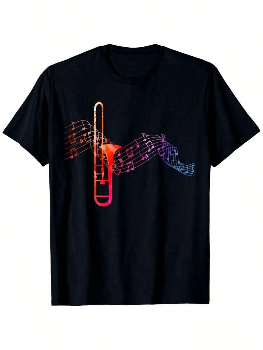 Men's Short-Sleeve T-Shirt With Trombone And Sheet Music Design - Casual Short-Sleeve 100% Cotton T-Shirt With Vibrant Geometric Design, Comfortable For All Seasons, Machine Washable, Sizes S-XXXL, Clothing For Music Lovers. | Geometric Pattern T-Shirt | 100% Pure Cotton T-Shirt, 100% Cotton Music T-Shirt, Women's T-Shirt, Casual 100% Cotton. - 黑色 - 查看 1