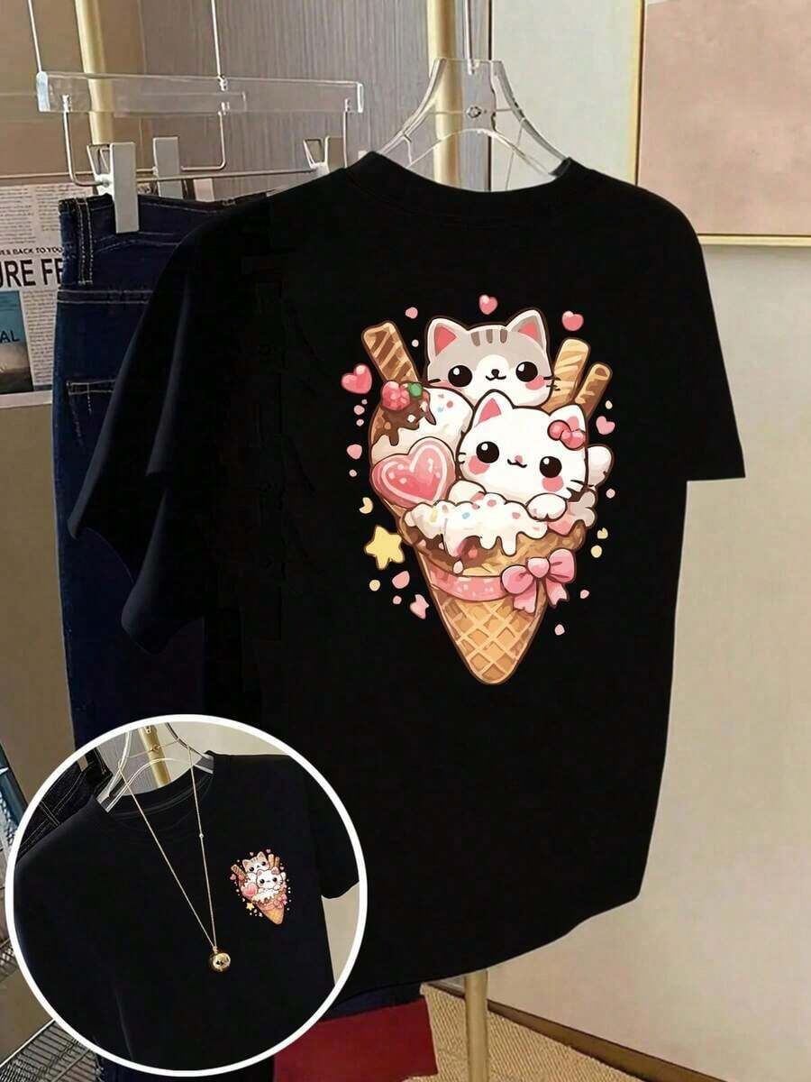 Camisetas de talla grande para mujer - Camiseta holgada de hombros caídos, camisetas casuales de manga corta, camiseta estampada de manga corta con diseños frontales y traseros - Gatos adorables, helado - Camiseta estampada de primavera/verano para mujer, artículo de moda, versátil y casual, transpirable y cómoda. - Negro - Ver 1