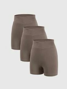 3pcs Girls' Solid Color Knit Casual Sports Shorts (YY783) - Brown - View 4