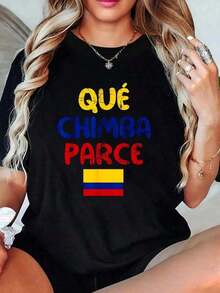 Minimalist 1-Piece, 100% Cotton, Women's T-Shirt With "Qué Chimba Parce Colombia" Graphic Print (Colombian Sticker), For Kids, Girls, And Women, 210g, 100% Cotton, Designs Are Printed. Unisex. Simple Solid Color Women's T-Shirt, Loose Fit, Casual Short Sleeve. - 黑色 - 查看 7