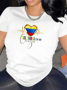 Summer White T-Shirt For Women With Colombian Flag And Colombia Text Cclothesazon Patriotic Design Ideal For Colombia Lovers Modern Casual Style For Women Fashion All-Match Women's Short Sleeve T-Shirt, Basic Style For Inner & Outer Wear - 白色的 - 查看 3