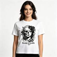 Tops para mujer Casual de Algodón de Manga Corta con Cuello Redondo para Mujer con Estampado de Calaveras y Rosas - Blanco - Ver 1