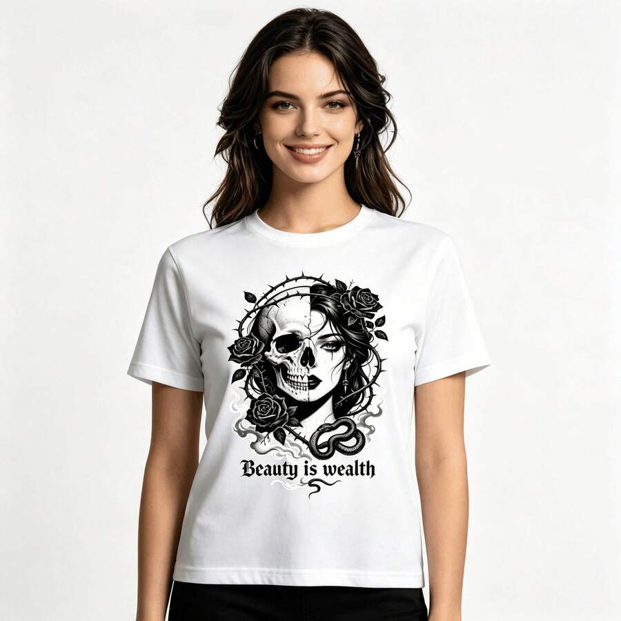 Tops para mujer Casual de Algodón de Manga Corta con Cuello Redondo para Mujer con Estampado de Calaveras y Rosas - Blanco - Ver 1