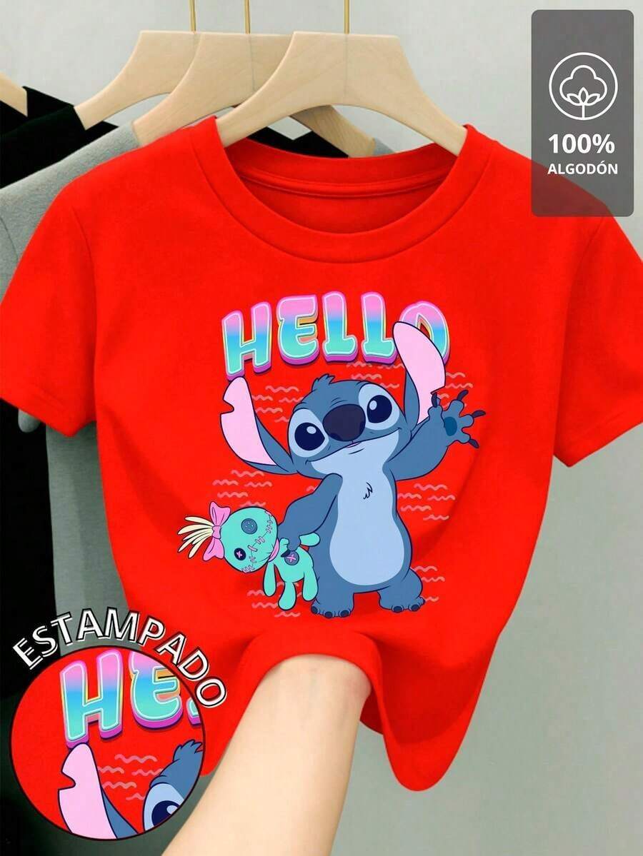 1pscCamiseta para mujer de 100% algodón con cuello redondo y manga corta, excelente calidad de tela, cómoda y suave al tacto, Estampada ORIGINAL de Película Lilo y Stitch ideal para toda ocasión, diseño de stich con Trapos saludando con la leyenda "Hello"100% Cotton - Rojo - Ver 1