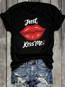 1 Piece Of Comfortable Women's T-Shirt With Red Lip Print, Limited Edition Short Style In Black, Perfect For Casual Outdoor Wear In Summer, Spring/Summer Clothing, Casual Weekend Wear, Ideal For Everyday Wear, 100% Cotton. Women's Warm Clothing - 黑色 - 查看 7