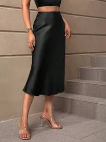 Falda de talle alto unicolor - Negro - Ver 4