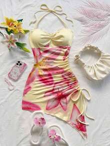 Vestido ceñido con estampado floral romántico de color rosa sobre base blanca, con dobladillo asimétrico, cuello halter y lazo, para vacaciones, playa, estilo occidental, festivales, verano, estilo bohemio - Vestidos de verano para mujer - Rosa - Ver 1