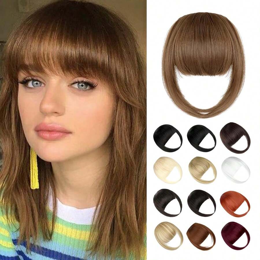 Clip In French Bangs With Temples | Natural Curved Faux Bangs Hair Extensions For Women Daily Wear - Light Chestnut Brown - View 1