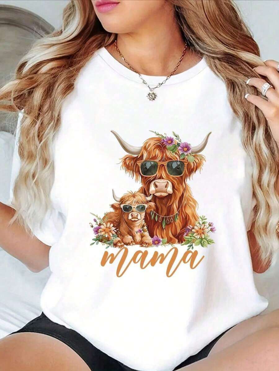 1 pieza [Camiseta Geométrica para Mujer] Camiseta para el Día de la Madre - Estampado Geométrico, Cuello Redondo Casual, Manga Corta, Lavable a Máquina, Perfecta para el Verano, 100% Algodón - Blanco - Ver 1