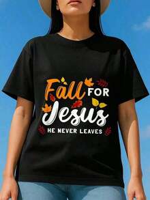 Women's Pure Cotton Short-Sleeved Round Neck T-Shirt With "Again To Jesus Christ, He Never Abandons Us" Print, Casual Style, Black Color, With Christian Graphic Design. - 黑色 - 查看 6