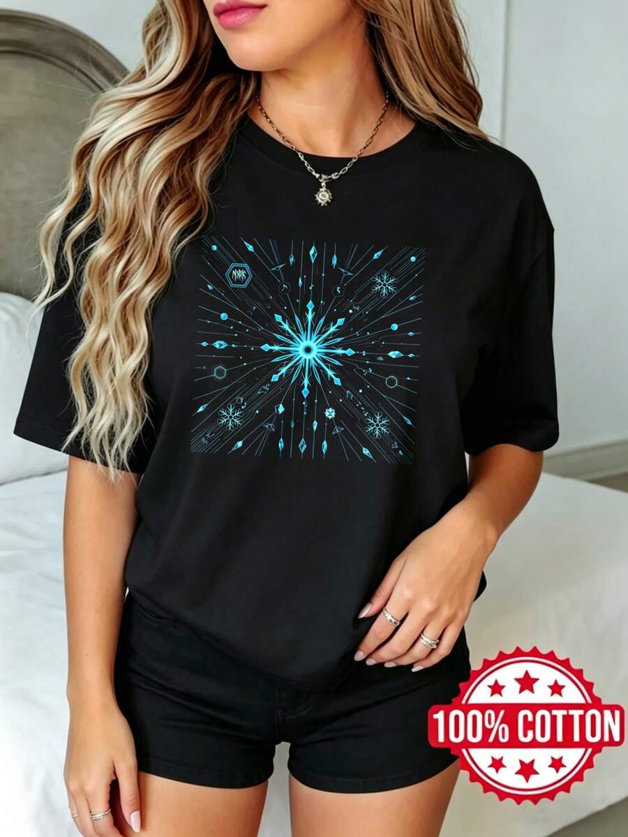 Camiseta negra de manga corta con cuello redondo y estampado para mujer de verano Diseño de copo de nieve en estrella azul S-3XL moda 100% aodón material