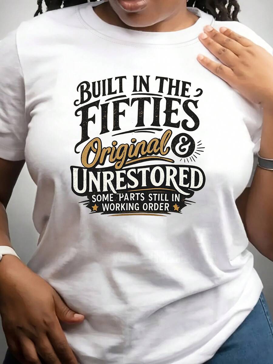 Camiseta de manga corta estampada de estilo vintage original de los años cincuenta, sin restaurar, de cuello redondo para primavera/verano, top de mujer para primavera/verano, adecuada para salidas diarias, esencial para otoño/invierno, perfecta para reuniones cotidianas, éxito de . - Blanco - Ver 1