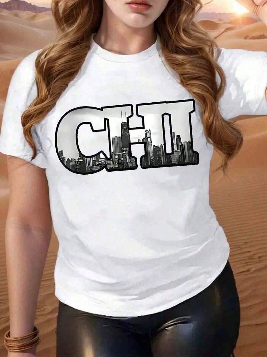 Women's Black T-Shirt With Chicago Skyline Print, Casual Urban Style For Urban Fashion And Everyday Wear - 白色 - 查看 1
