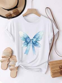 Women's T-Shirt, Comfortable And Casual, Short Sleeve And Round Neck With Blue Bow Print, Elegant And Sweet Design, Regular Length, Suitable For All Seasons, Everyday Fashion, Ideal For Women's Spring And Summer Clothing. - 白色 - 查看 6