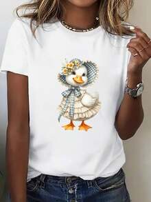 Talla Grande - Camiseta Negra para Mujer - Camiseta con diseño de pato y flores, ligera y transpirable, ideal para uso diario, adecuada para mujeres, ropa de primavera y verano y actividades casuales - Tela no transparente, moda de primavera, diseño vibrante, textura suave, top de cuello redondo, blusa elegante para mujer. Camisetas Gráficas de Verano para Mujer - Camiseta Casual Estampada para Mujer, Manga Corta y Cuello Redondo, Moda Urbana Local de Primavera/Verano. - Blanco - Ver 3
