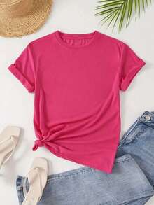 Off-The-Shoulder T-Shirt With Letter And Cartoon Print - Hot Pink - View 6