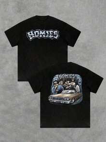 Mens Clothes;Summer TopsHeavyweight Graphic Tee, Classic Car And Homies Double Sided Digital Printed T Shirt, 100% Cotton, Stylish Casual, Men's 220g, Streetwear, Vintage, Y2K, Oversized, Lowrider, Chicano Free Shippingsummer Fits For Womengraphic Teessummer Outfitsfathers Day Gift UVX3 - Black - View 12