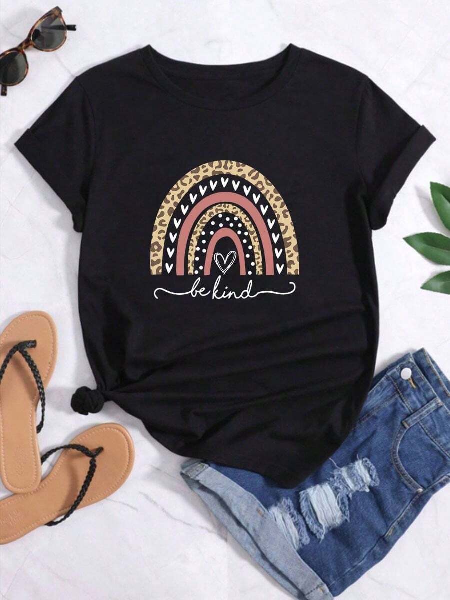 Camiseta de manga corta con estampado de arco iris LOVE para mujer, moda casual deportiva de primavera y verano - Negro - Ver 1