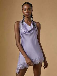 Blusa de verano con escote halter, espalda descubierta y bajo asimétrico con encaje en contraste - Púrpura polvoriento - Ver 6