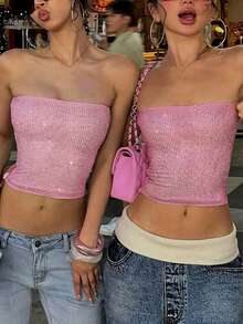 Áo tank top ôm sát gợi cảm ánh kim loại DOUCIU, phong cách hộp đêm. - Hồng - Xem 2