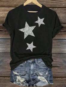 Top mujerCamiseta de Mujer con Estampado de Pentagrama Negro - Manga Corta, Cuello Redondo, Estilo Casual con Gráfico de Estrella Blanca, Tela Suave y Transpirable, Lavable a Máquina, Ropa Casual Versátil, Camisetas para Mujer, Moda para Todas las Temporadas, Camiseta con Diseño Divertido, Camisa de Corte RelajadoTendencia 2026 - Negro - Ver 8