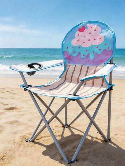 Ice Cream-Themed Folding Camping Chair - Compact, Lightweight, And Portable Seat (Includes Storage Bag And Cup Holder) - Suitable For Indoor And Outdoor Use - Dimensions: 14" X 14" X 26"
