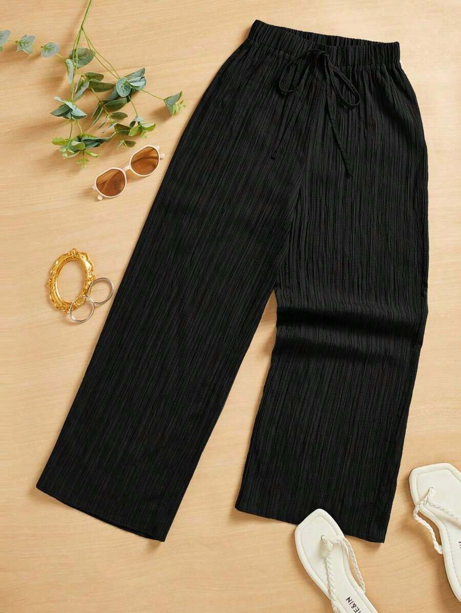 Pantalones largos casuales y simples con textura para mujer, ideales para el verano y la primavera, perfectos para el Día de San Valentín y Año Nuevo - Negro - Ver 1