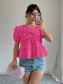 Blusa con volantes y mangas abullonadas con lazo en la parte delantera - Rosa Fucsia - Ver 5