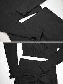 Women's Seamless High-Elastic Long-Sleeve Leggings Sports Basic Set, Versatile Outdoor Fitness Outfit - Black - View 6