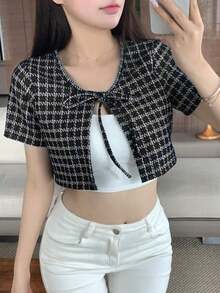 Camiseta de manga corta con nudo delantero y estampado de cuadros, top corto para mujeres - Blanco y Negro - Ver 8
