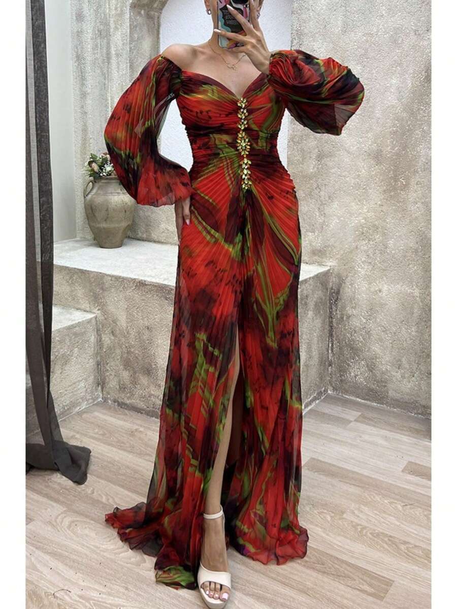 Vestido largo con mangas largas plisado estilo informal para otoño e invierno - Burdeos - Ver 1