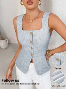 Blusa ajustada sin mangas de aspecto de lino color albaricoque, adecuada para el trayecto diario y el trabajo, atuendo de negocios de verano para mujeres, casual de negocios, para mujeres, verano, para mujeres de negocios, casual, para mujeres, t - Celeste - Ver 8