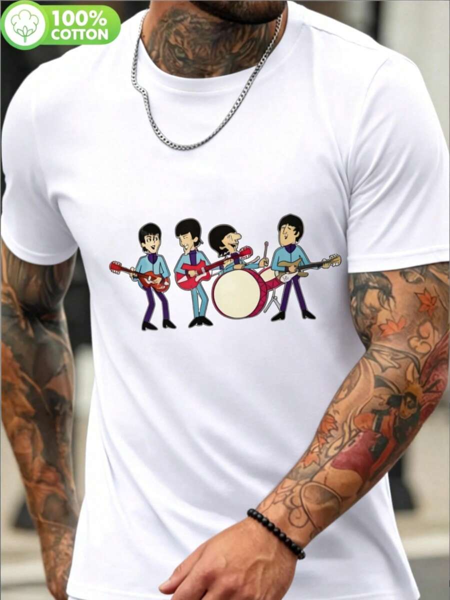 Camiseta de banda inspirada en el estilo masculino - Estampado de íconos musicales negros con John, Paul, George y Ringo - Camiseta casual de manga corta y cuello redondo para conciertos, regalos y uso diario - Lavable a máquina, estilo vintage - Negro - Ver 1