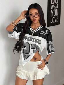 Camiseta suelta de malla transpirable con gráficos, para uso casual y salir, estilo urbano de verano para mujer - Gris - Ver 3