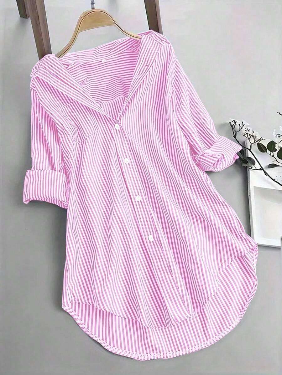 Camisa de mujer de solapa única con rayas y bajo irregular, blusas de manga larga - Rosa - Ver 1